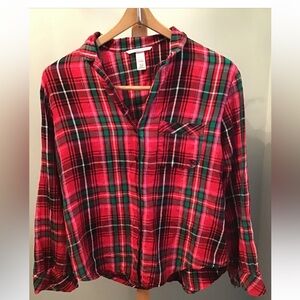 Victoria Secret Holiday Plaid Pajama Long Sleeve Button Up Red Medium GUC